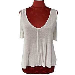 Free People Sheer White Slub Tee Shirt Top Cold Shoulder Short Sleeve Size S/P